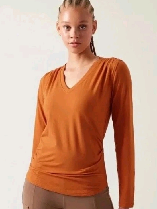Athleta Tops - Athleta Foliage Orange Outbound Fitted V-Neck Long Sleeve Top Size Large